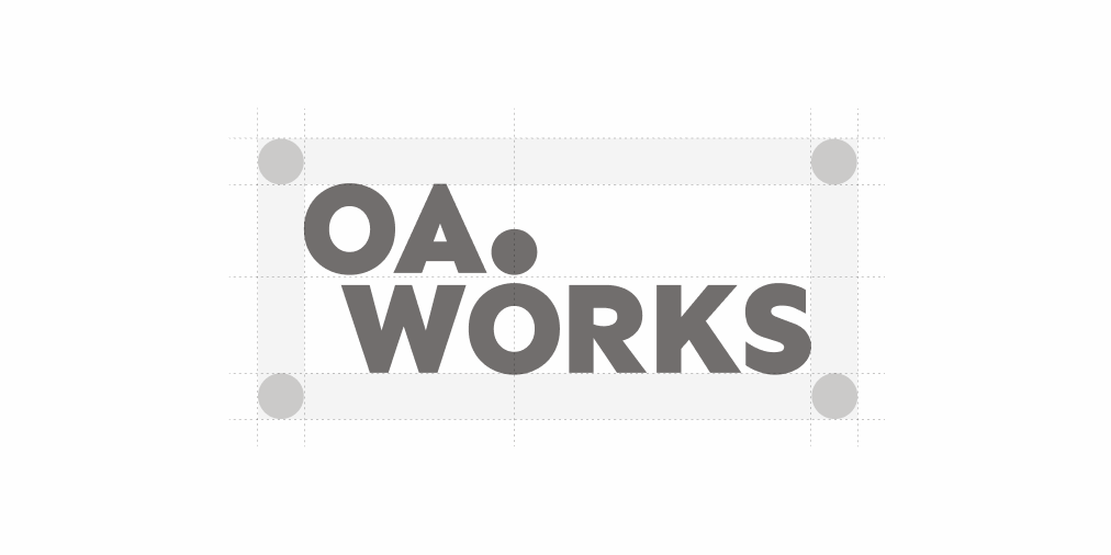 Wordmark with “OA.” on one line, and “works” on another in a bold font. The dot is big and purple. It is shown animated, with grid marks and dots illustrating the graphic principles used in making the logo.