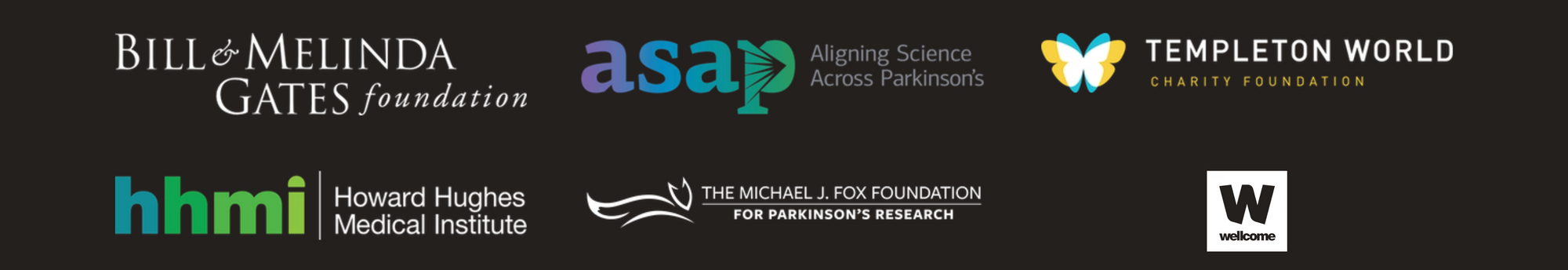 Logos for the following organizations are shown on a black background: Robert Wood Johnson Foundation, Wellcome, the Michael J. Fox Foundation, Gates Foundation, Aligning Science Across Parkinson’s, and Templeton World Charity Foundation.